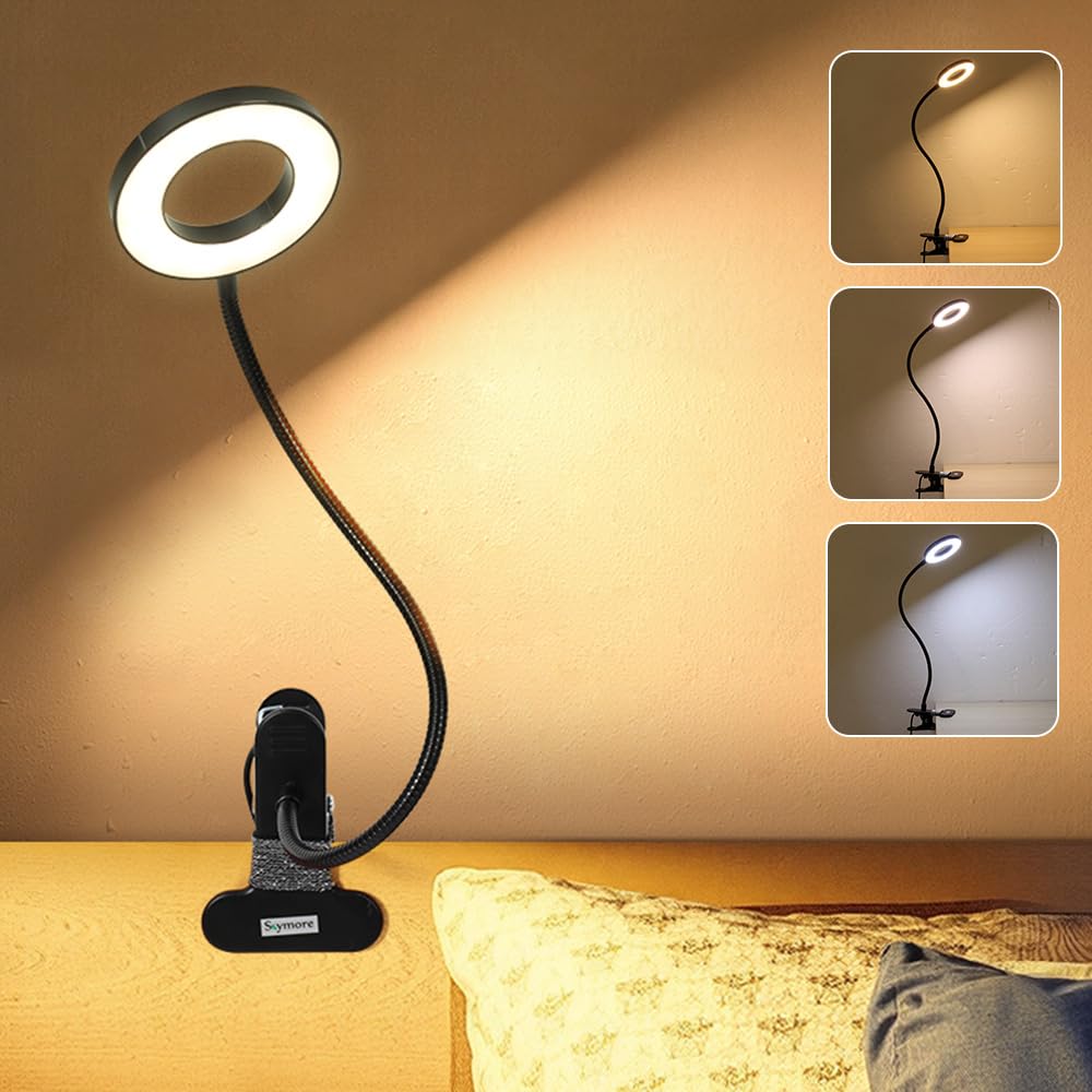 Skymore Clip On Light, Reading Light Book Light With Clamp, 3 Color Modes&10 Brightness Desk Light Clip On For Table, Bed Headbo