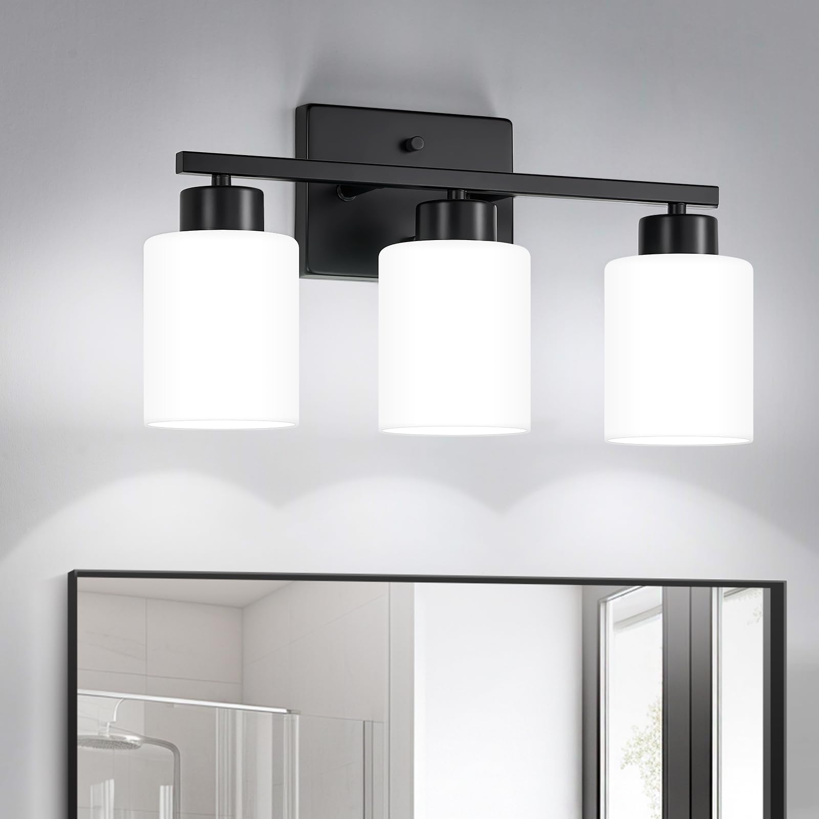 Fonmyim Black Bathroom Light Fixtures, 3-Light Modern Vanity Light Over Mirror, Wall Sconces With Milky White Frosted Glass Shad