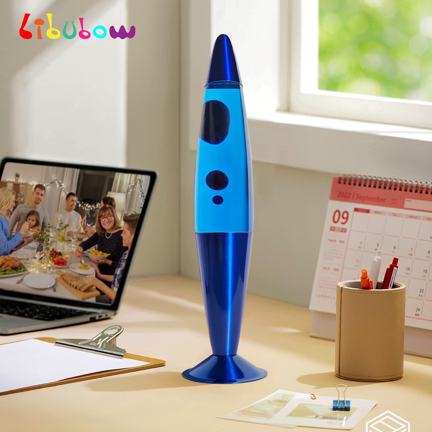 16 Inch Blue Liquid Motion Lamp, 2 Bulbs, Blue Lamp Night Light, Relaxing and Soothing Light Home Decor Living Room Office Bedro