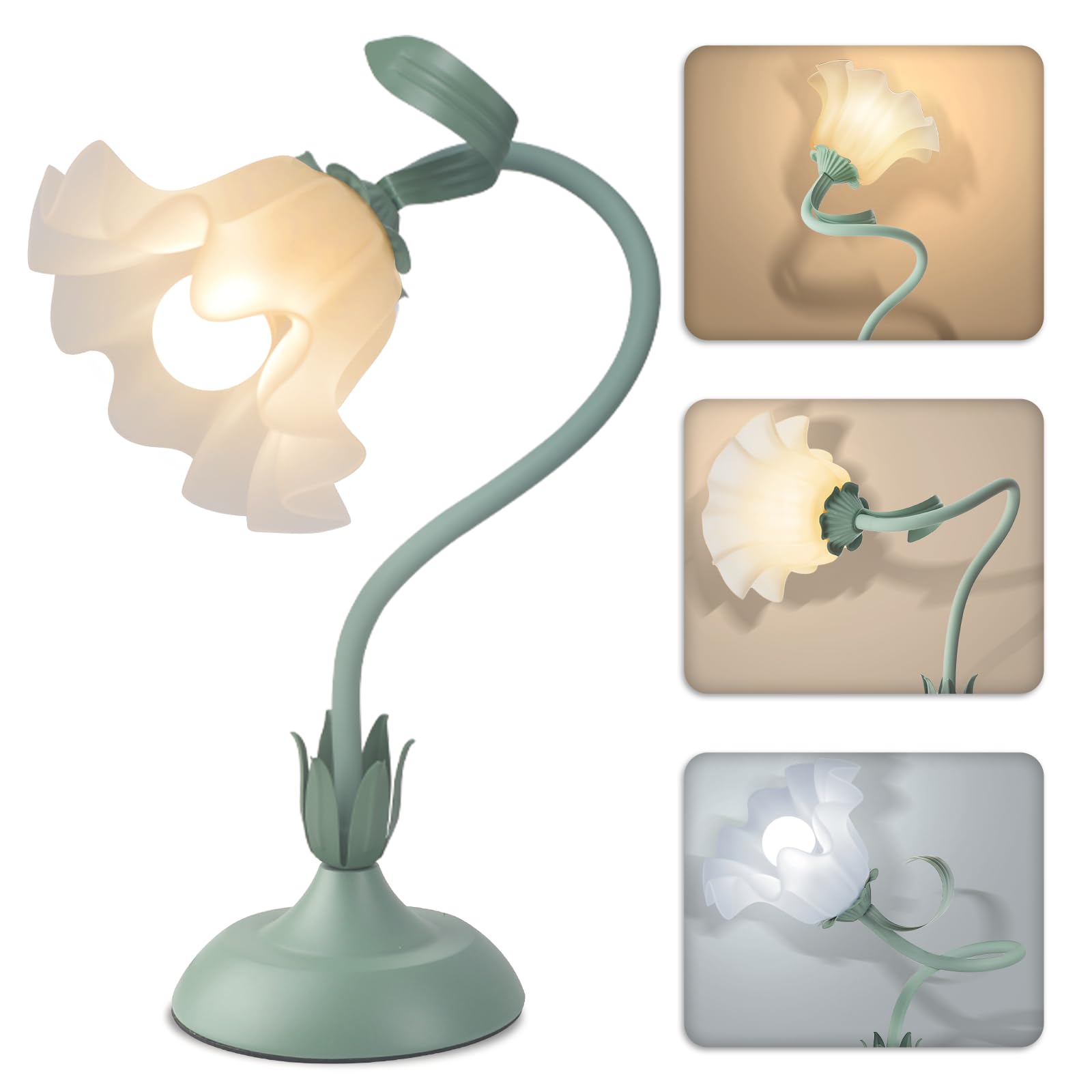 Women Bedside Table Lamps for Bedroom, Cute Flower Desk Lamp with Adjustable Flexible Gooseneck, 3 Color Temperatures Nightstand