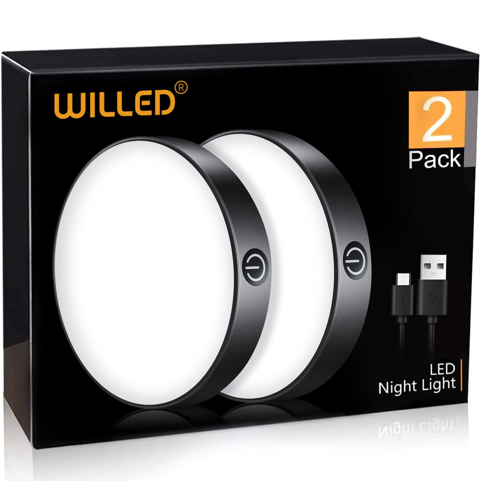 WILLED Tap Light Rechargeable LED Puck Light 6000K Dimmable 2 Pack Black Vinyl WJP-018