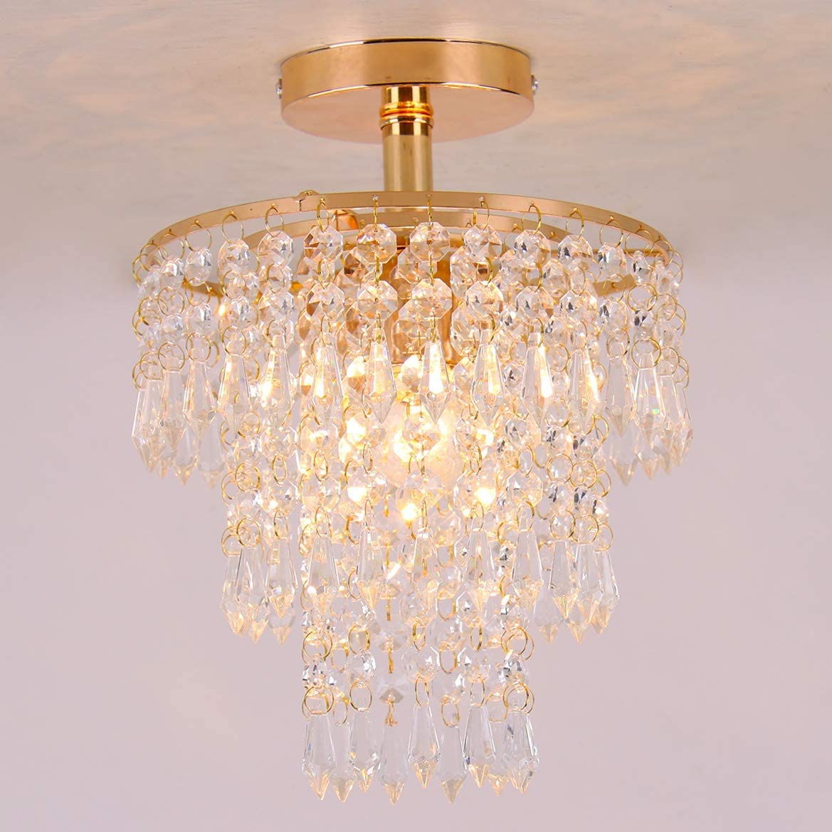FRIXCHUR Mini Crystal Chandelier, 3-Tier Flush Mount Light, H11.4'', Gold, Modern Raindrop Design for Bedroom, Hallway, Living Room