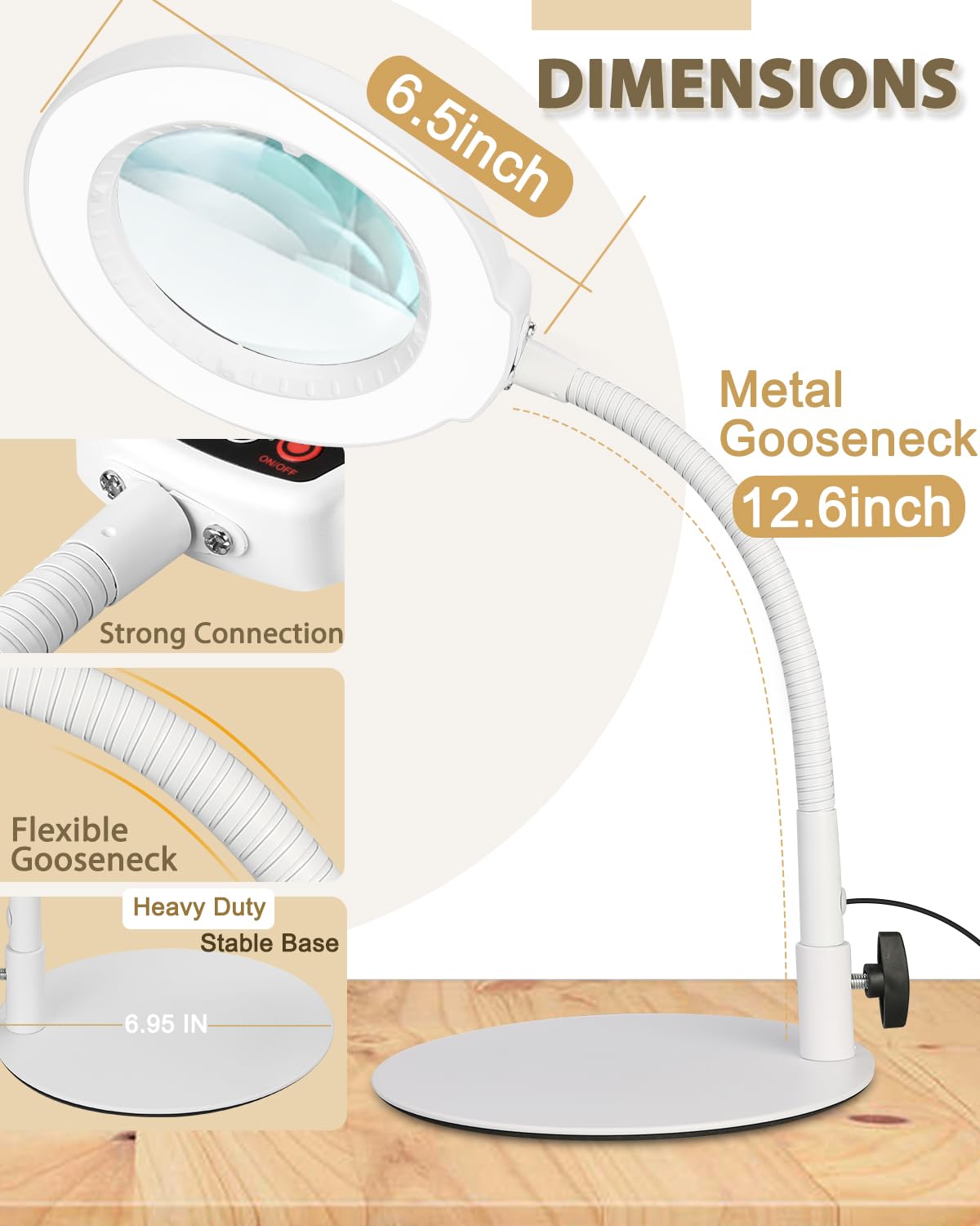 Veemagni 12X Magnifying Glass with Light - LED, Flexible Goose-Neck, 5 Color Modes, White, Model GNW02