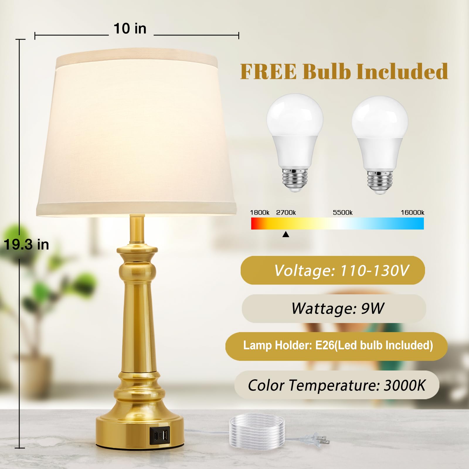 Ejiaxin Touch Lamps For Nightstand Set Of 2 - Gold Table Lamp For Bedroom 3 Way Dimmable Bedside Lamps With Usb C+A Ports - Lamp