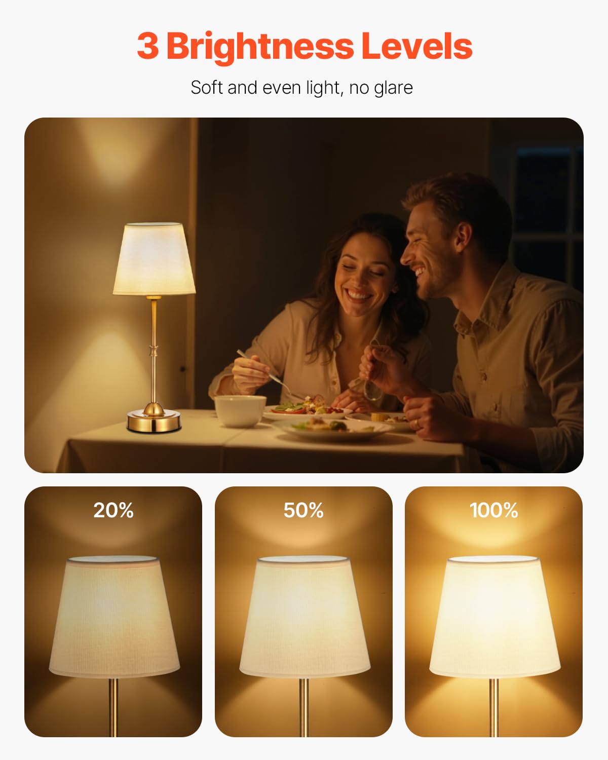 VEVOR Cordless Table Lamp, 3-Level Brightness, Fabric Shade, 5200mAh Battery, Gold, Model T50