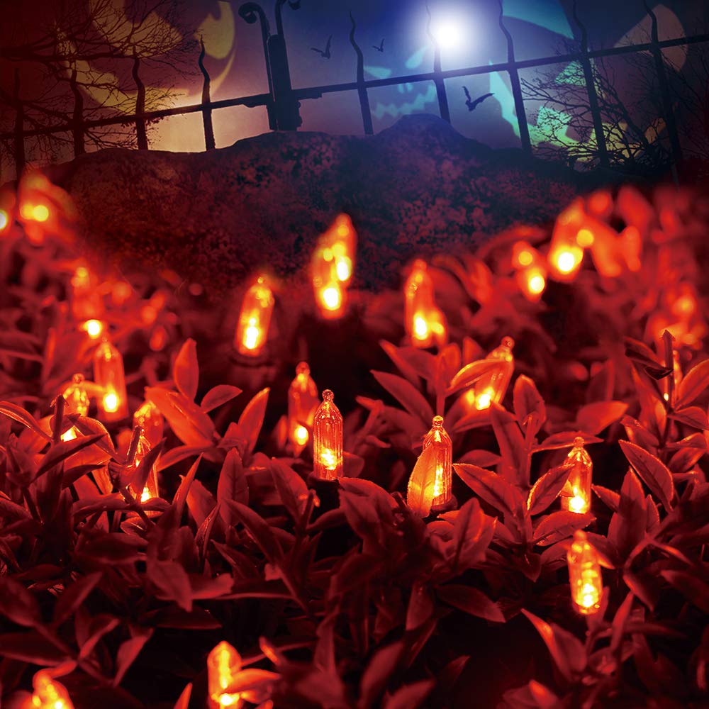 ODEETRONIC 33ft 100 LED Orange String Lights, Waterproof Indoor/Outdoor, Black Wire, UL Certified Halloween Decor