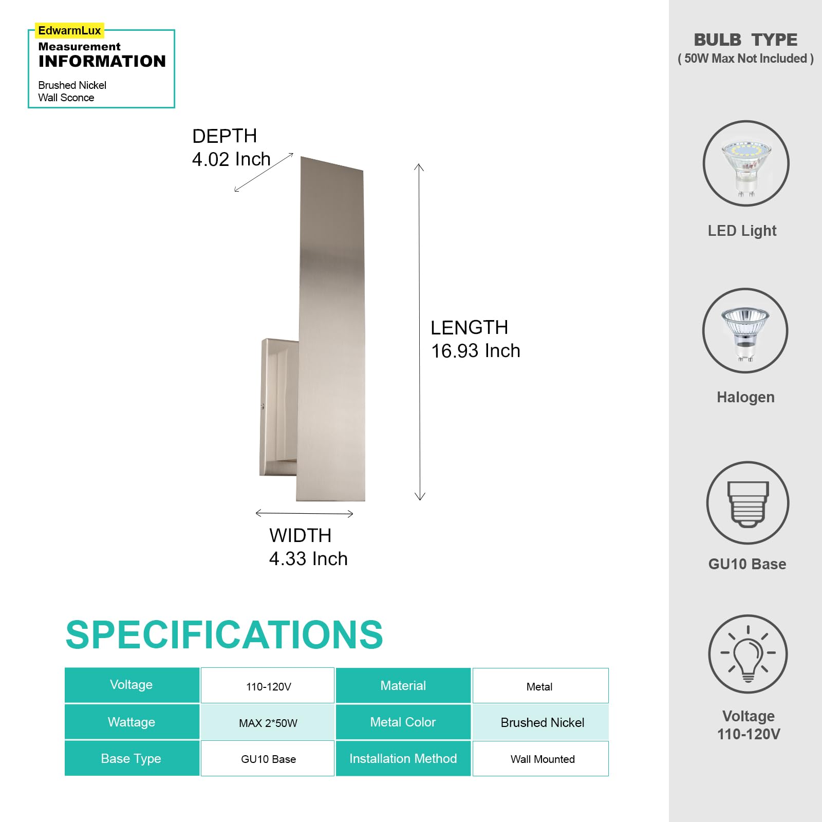 Edwarmlux Modern Wall Sconces, Dimmable Hardwired Lighting, 1 Pack, Brushed Nickel, Model PL-LR002D