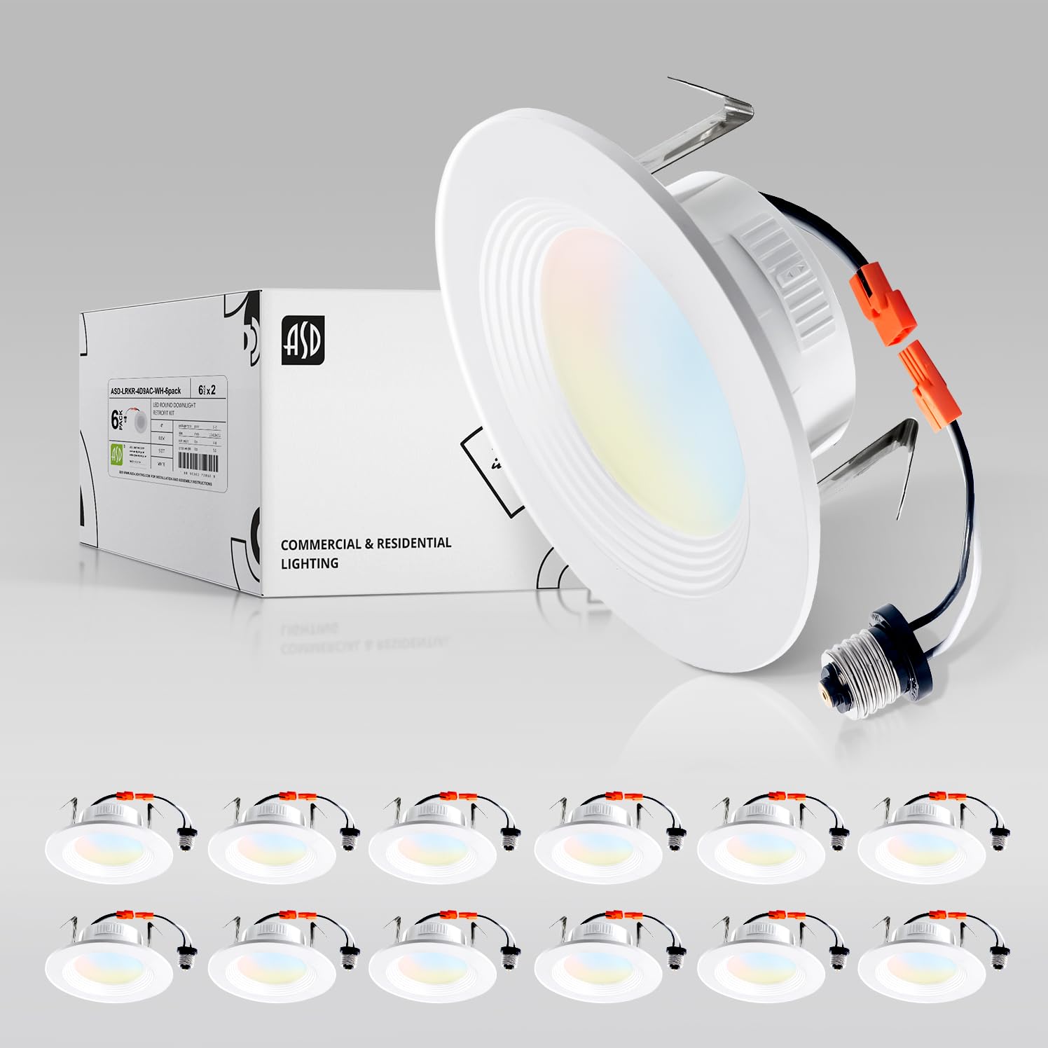 ASD 4 Inch LED Recessed Lighting 9W 700 Lm Dimmable Wet Rated 2700K-5000K Adjustable White Aluminum 12 Pack Model A-LRKR
