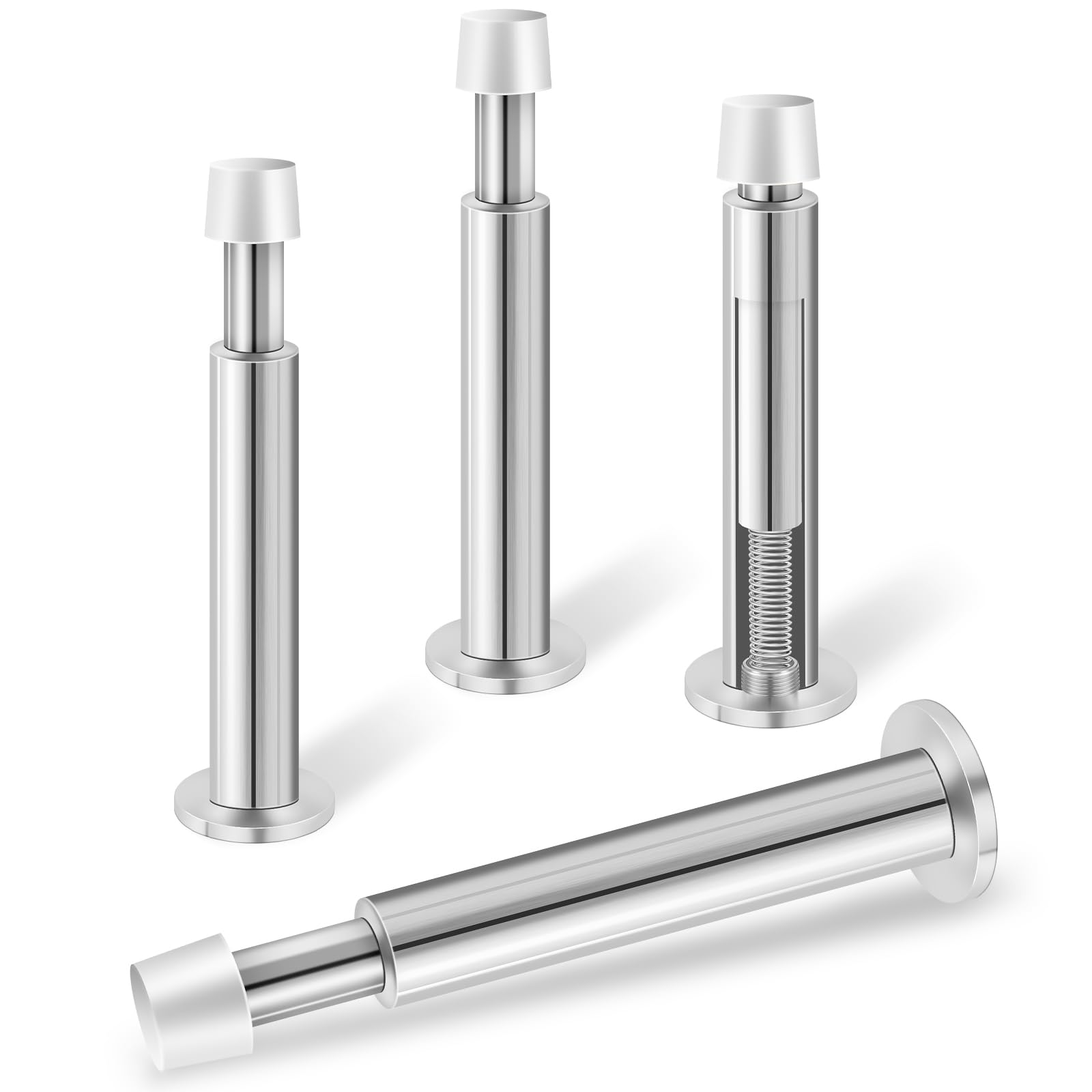 Door Stoppers  4.4 Inch Door Stops for Wall  Spring Door Stopper with Rubber Bumper  4 Pack Door Stoppers for Bottom of Door  Wall Protector  Silver-New