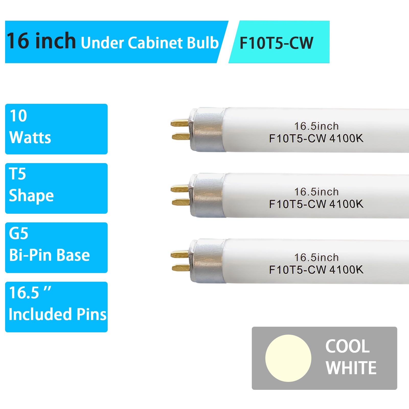 F10T5-Cw 16'' 4100K Fluorescent Linear Light Bulb,T5 10W Cool White Bulbs Replacement For Jasco,Philips,G5 Miniature Bipin Base(
