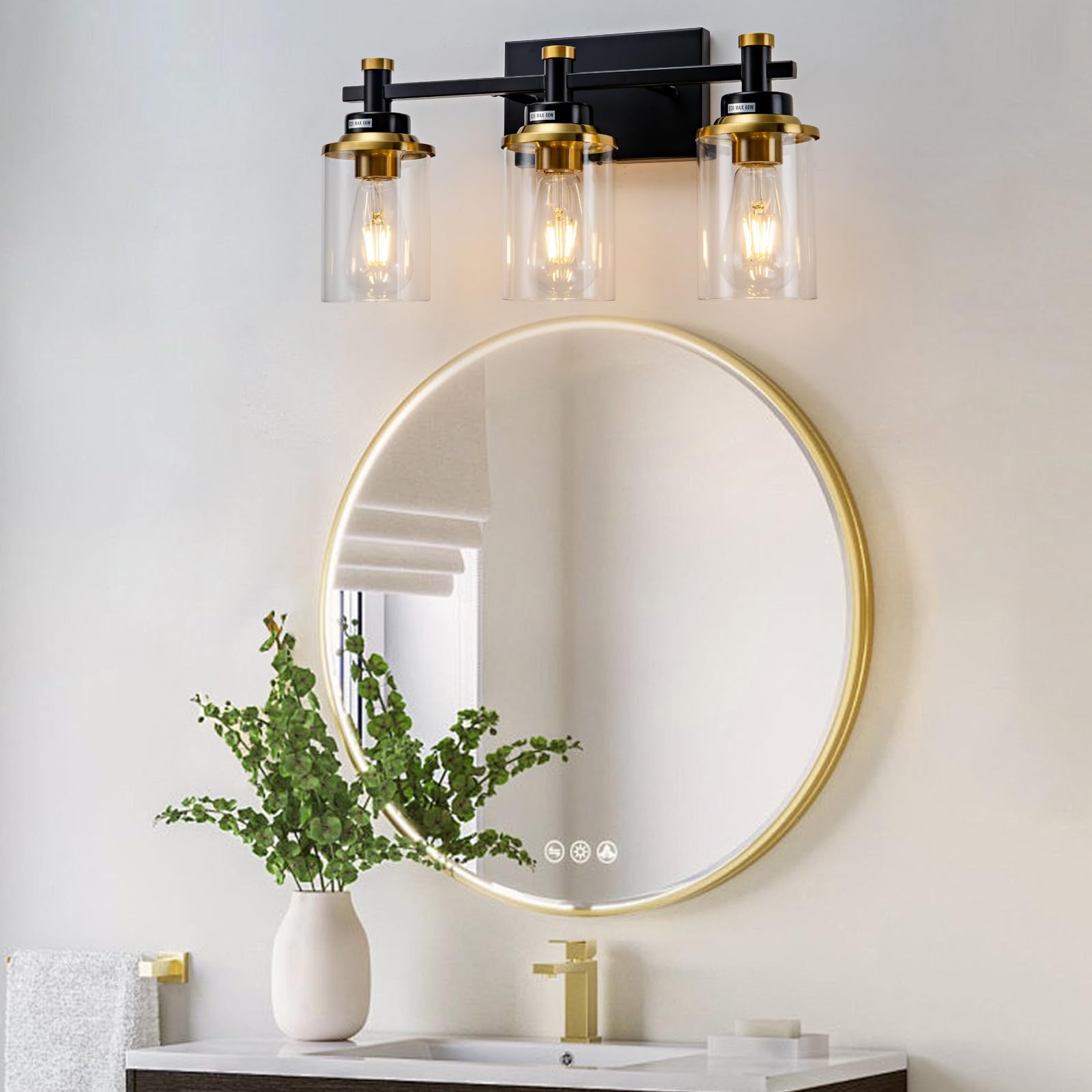 Aixialin 3 Light Bathroom Light Fixtures, Black And Brushed Gold Vanity Light Fixture Over Mirror, Modern Wall Sconces Lighting