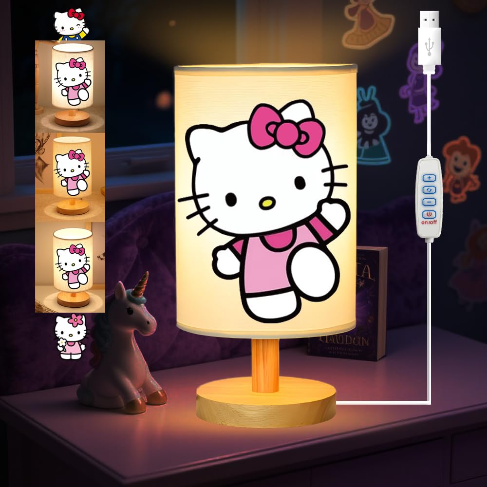 Kitty Bedside Table Lamp for Bedroom Nightstand, Gifts for Girls - 3 Colors Dimmable Night Stand Light Lamp for Kids Room, Wood 