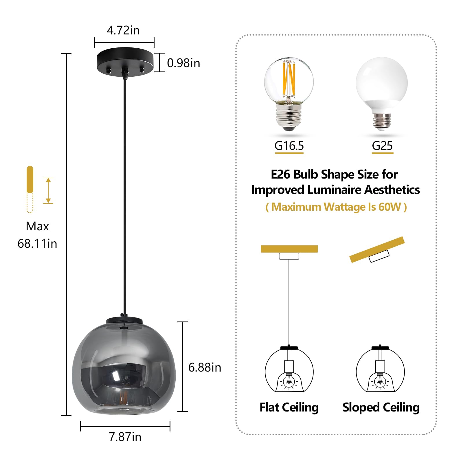 LBSQJ Glass Pendant Lights 2 Pack, 7.87" Smoke Gray Globe, Modern Black Hanging Fixture for Kitchen Island, Bedroom, Dining Room