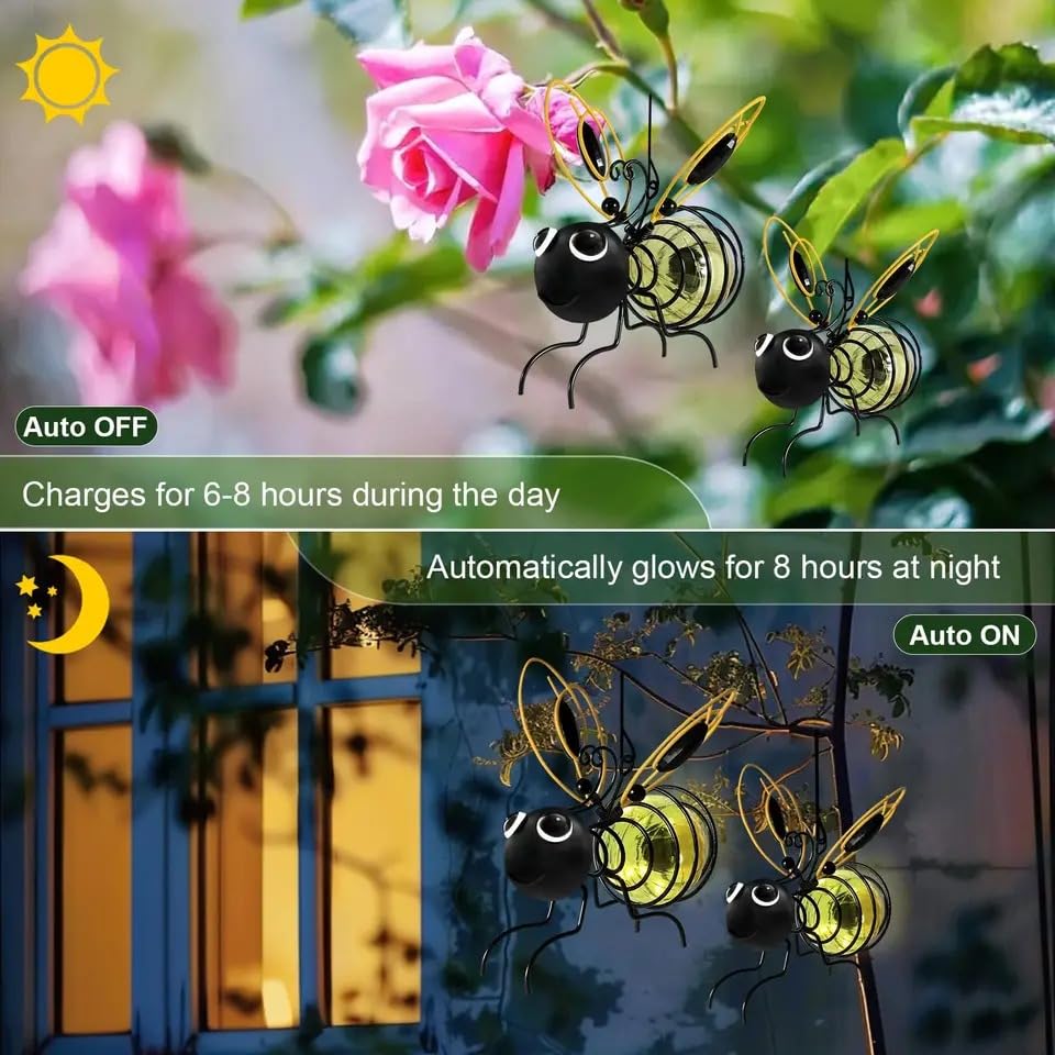 Generic Outdoor Hanging Solar Bee Light, Waterproof, Yellow 2pcs, Metal