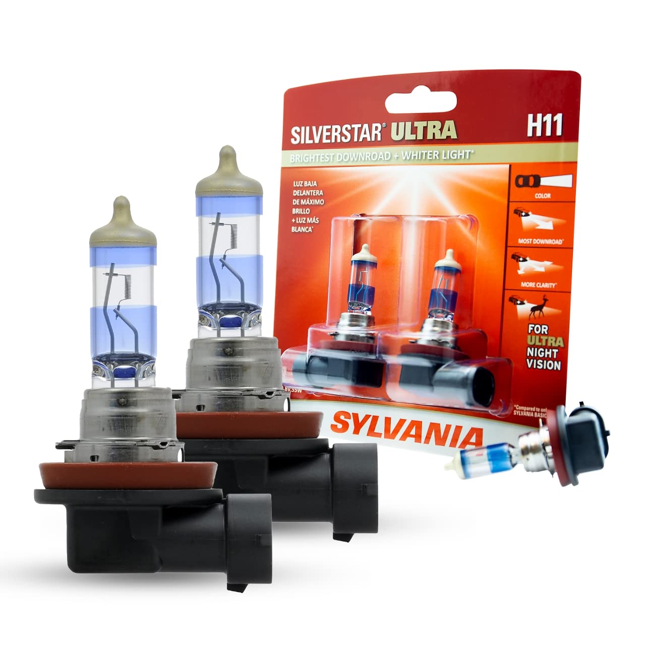 SYLVANIA H11 SilverStar Ultra Halogen Headlight Bulb - High Performance, 2 Pack, White, Model H11SU.BP2