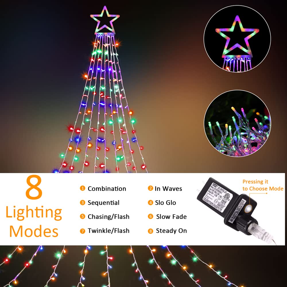 Miniao 320 Led Star String Lights, 11.5 Ft Waterfall Christmas Decor, 8 Lighting Modes, Multicolored