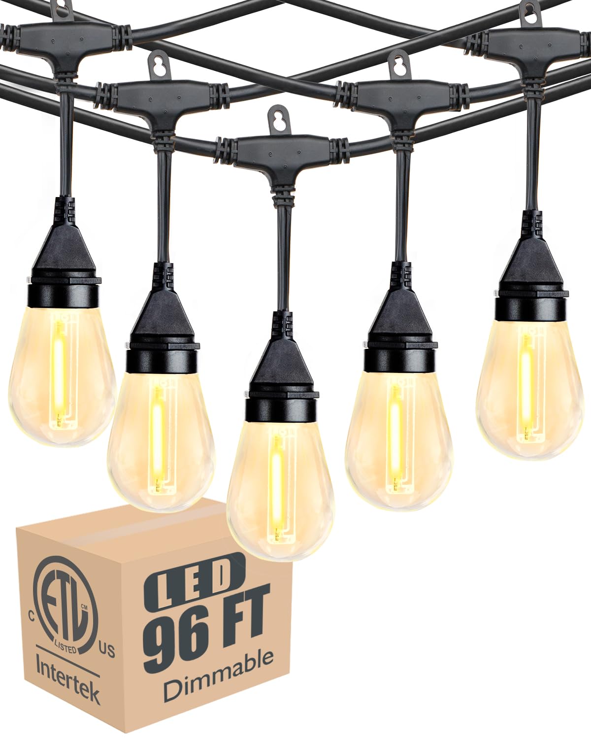 Lightdot 96FT Outdoor LED Patio String Lights, Warm White, Shatterproof Edison Bulbs, Heavy-Duty, Model S14-2Pack