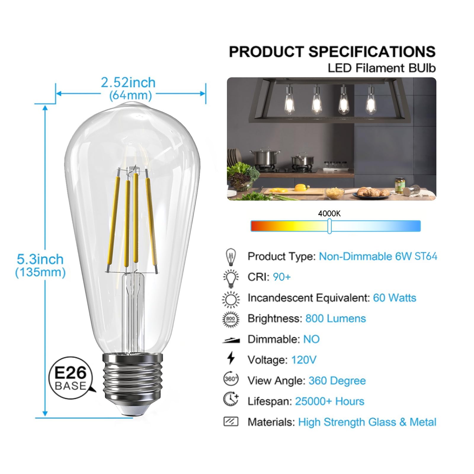 Jensense E26 Edison LED Light Bulbs 7W 60W Equivalent Dimmable 800 Lumen 4000K Natural White 4 Pack Glass