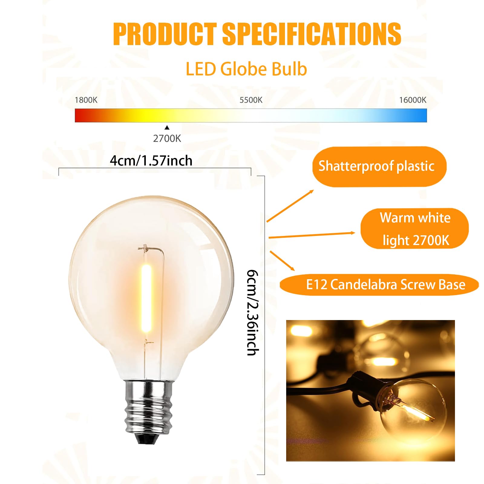 Rincentd G40 Led Replacement Light Bulbs, 1W Led Plastic Clear Globe Bulb Fits E12 C7 Candelabra Screw Base Sockets, Edison Ligh