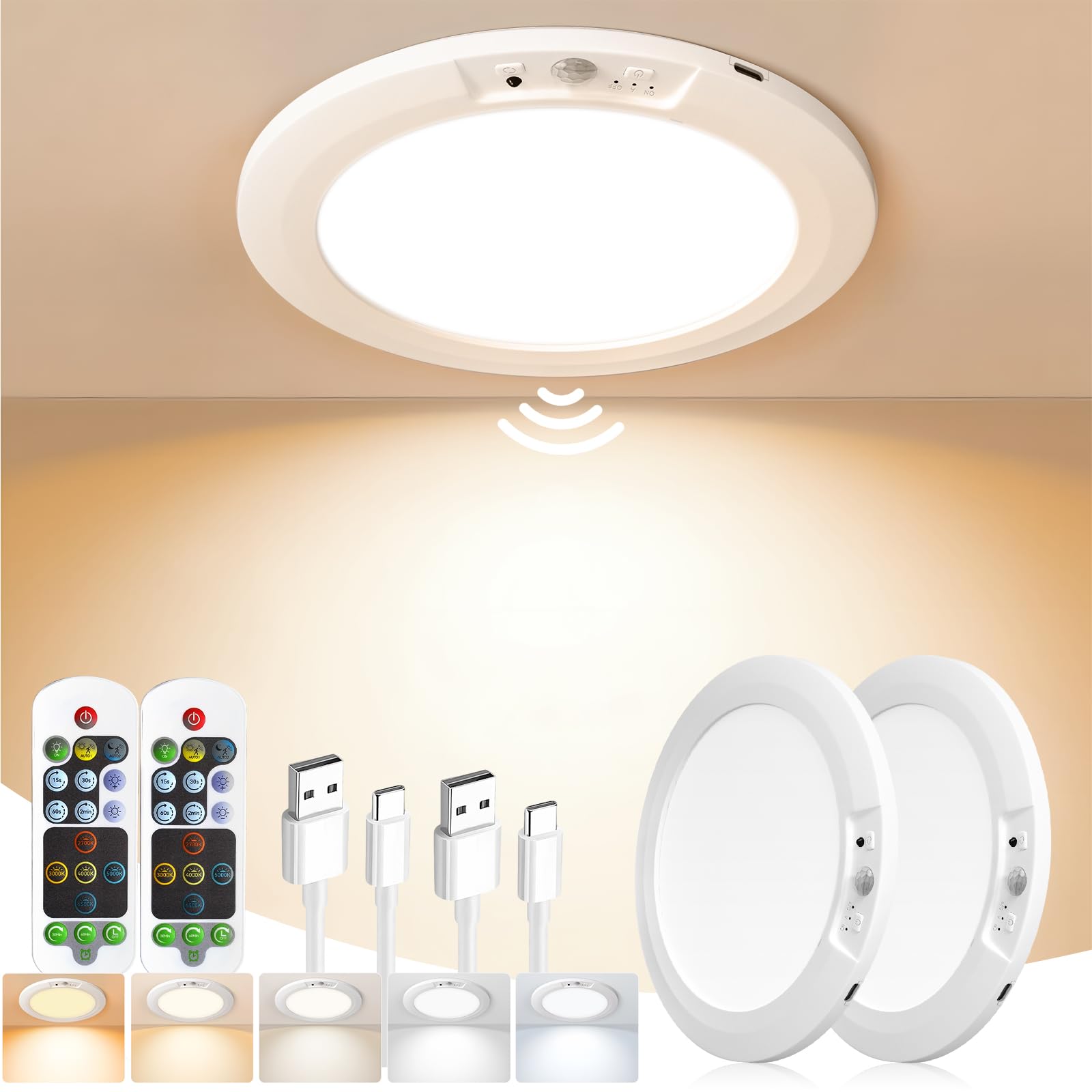 Rechargeable Ceiling Light With Remote, 5 Color Temperatures Motion Sensor Battery Operated Shower Light, Magnetic No Wiring Cei