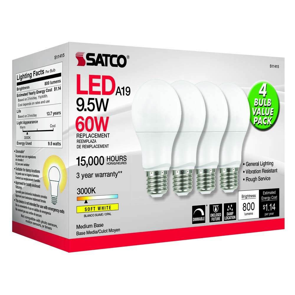 Satco A19 LED Replacement Lamp, 9.5W, Frosted Finish, 3000K, 4 Count, Model S11415