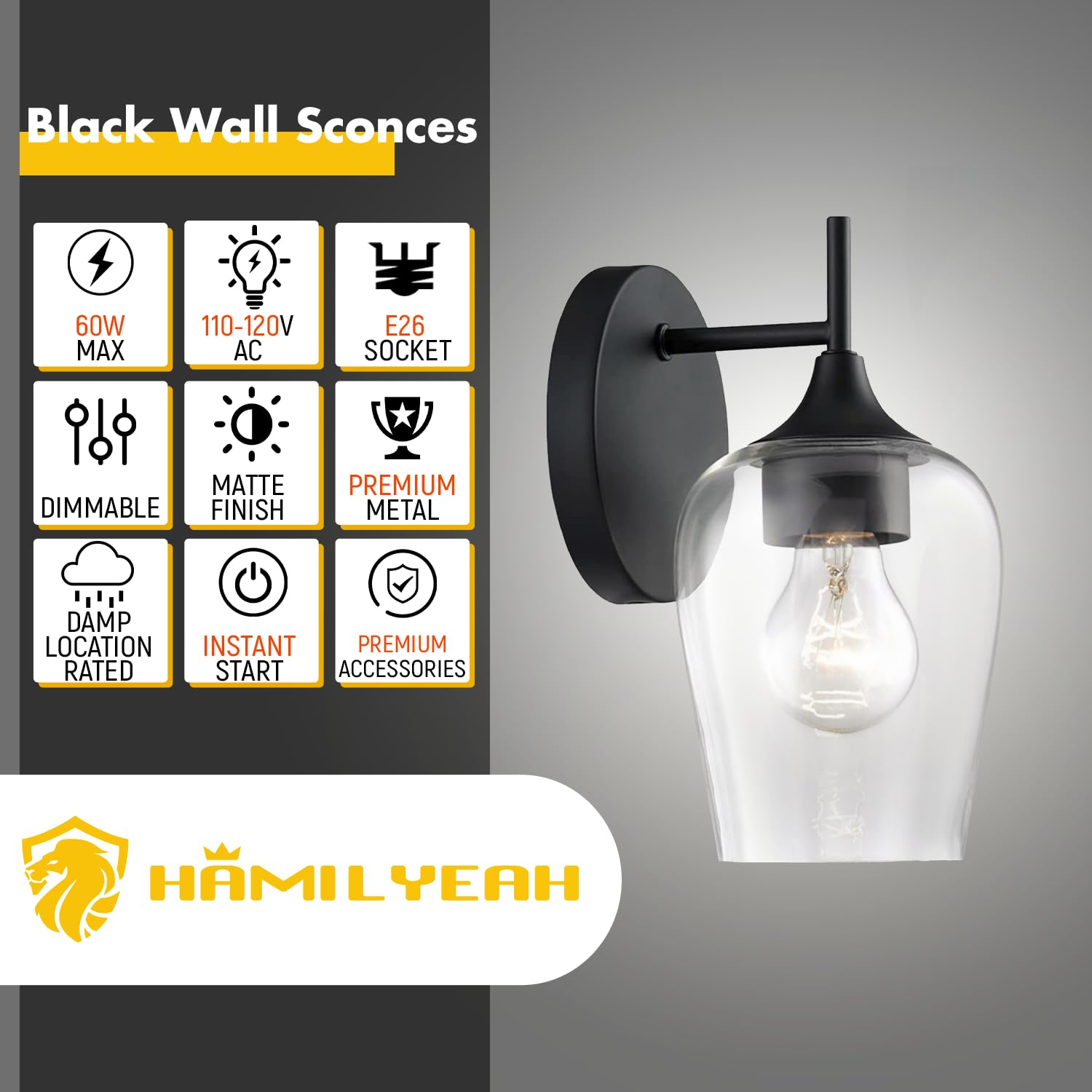 Hamilyeah Black Wall Sconces Set Of Two, Farmhouse Sconces Wall Lighting Hardwired, Bathroom Vanity Lighting With Clear Champagne Glass Shade, Indoor Wall Lamp For Kitchen Stairway Living Room
