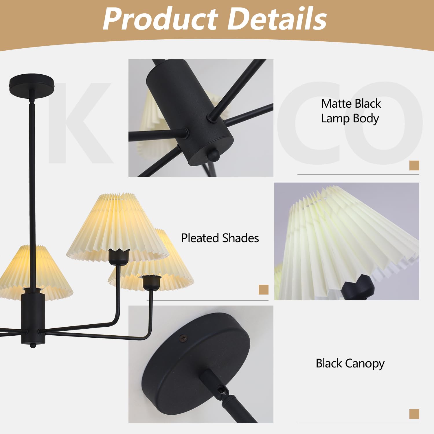 Kco Lighting Vintage Pleated Fabric Ceiling Light Fixture Mid Century Modern Black Chandelier Contemporary Large White Chandelie