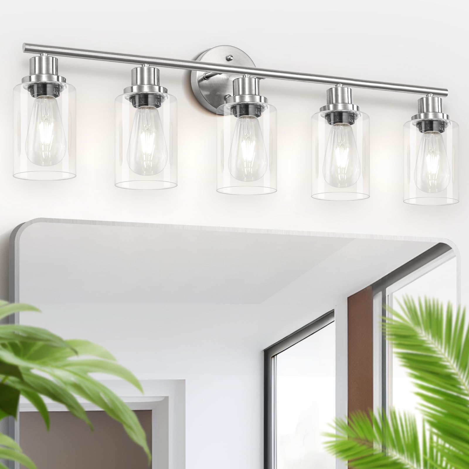Guliaofo 5-Light Bathroom Vanity Lights, Modern Brushed Nickel, Metal with Clear Glass Shade, Model Gu-111-QGN-5