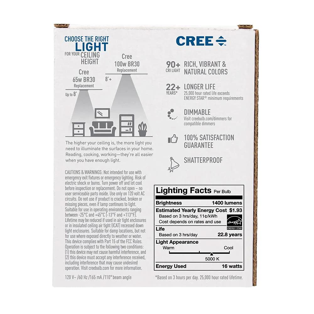 Cree BR30 LED Light Bulb, 65W Equivalent, Daylight, Model TBR30-06550FLFH25-12DE26-1-E1, Plastic Material