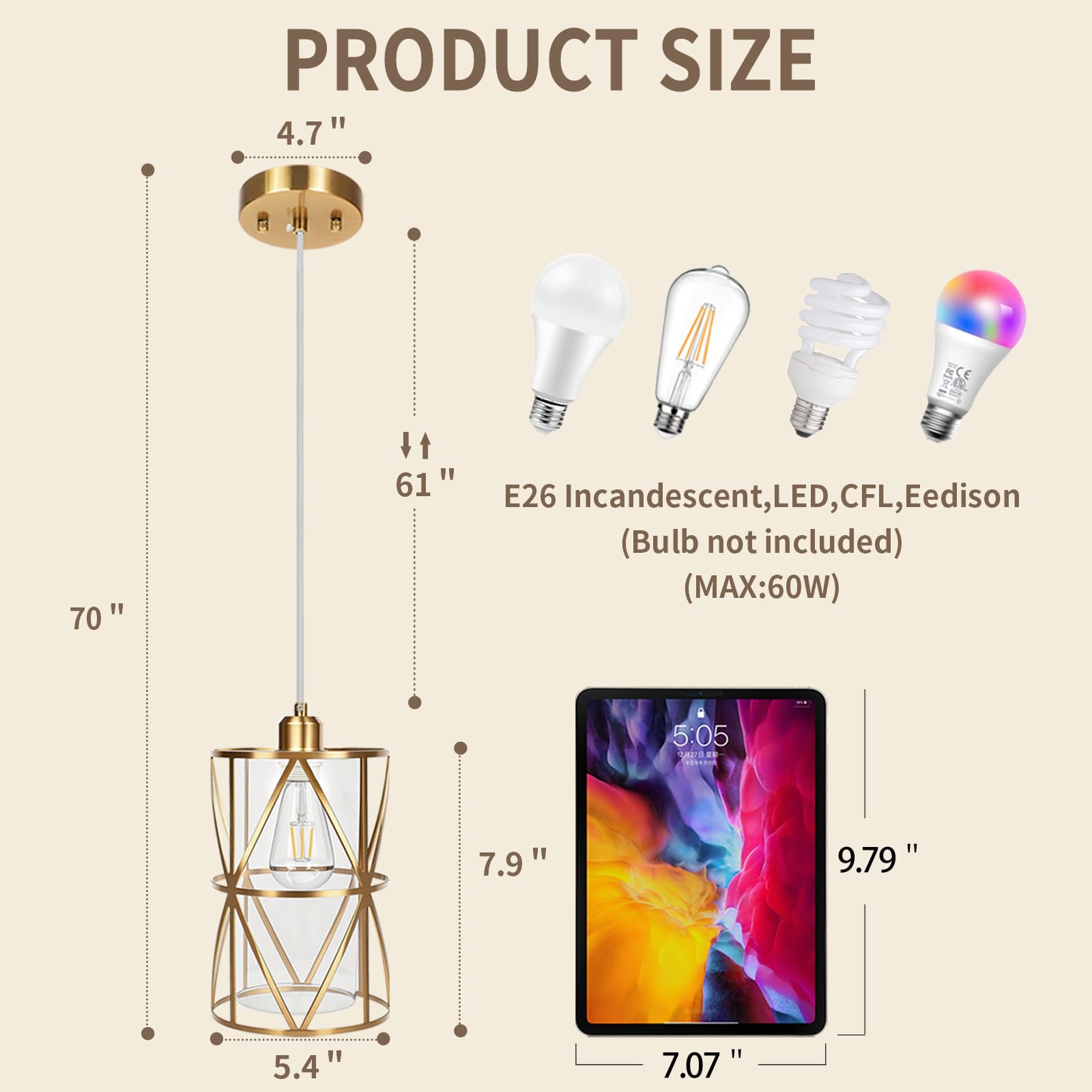 Zlierop Modern Pendant Light, Brushed Gold with Clear Glass Shade, 5.4" x 7.9", Ideal for Kitchen Island, Dining Room, Entryway