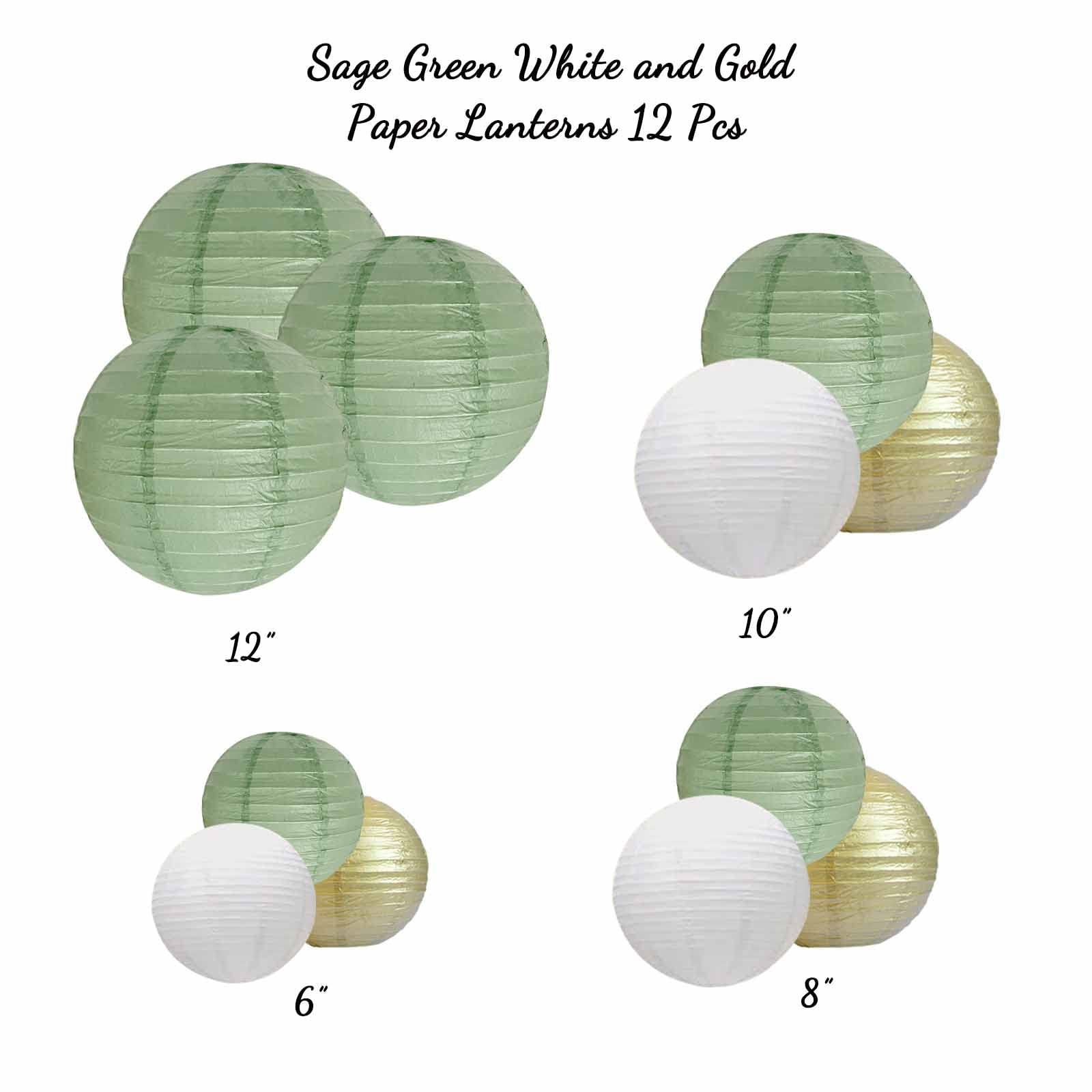 Ansomo Sage Green White And Gold Paper Lanterns Party Decorations Chinese Japanese Hanging Decorative Birthday Baby Shower Bridal Wedding Greenery Neutral Home Décor 12 Pcs 12" 10" 8" 6"