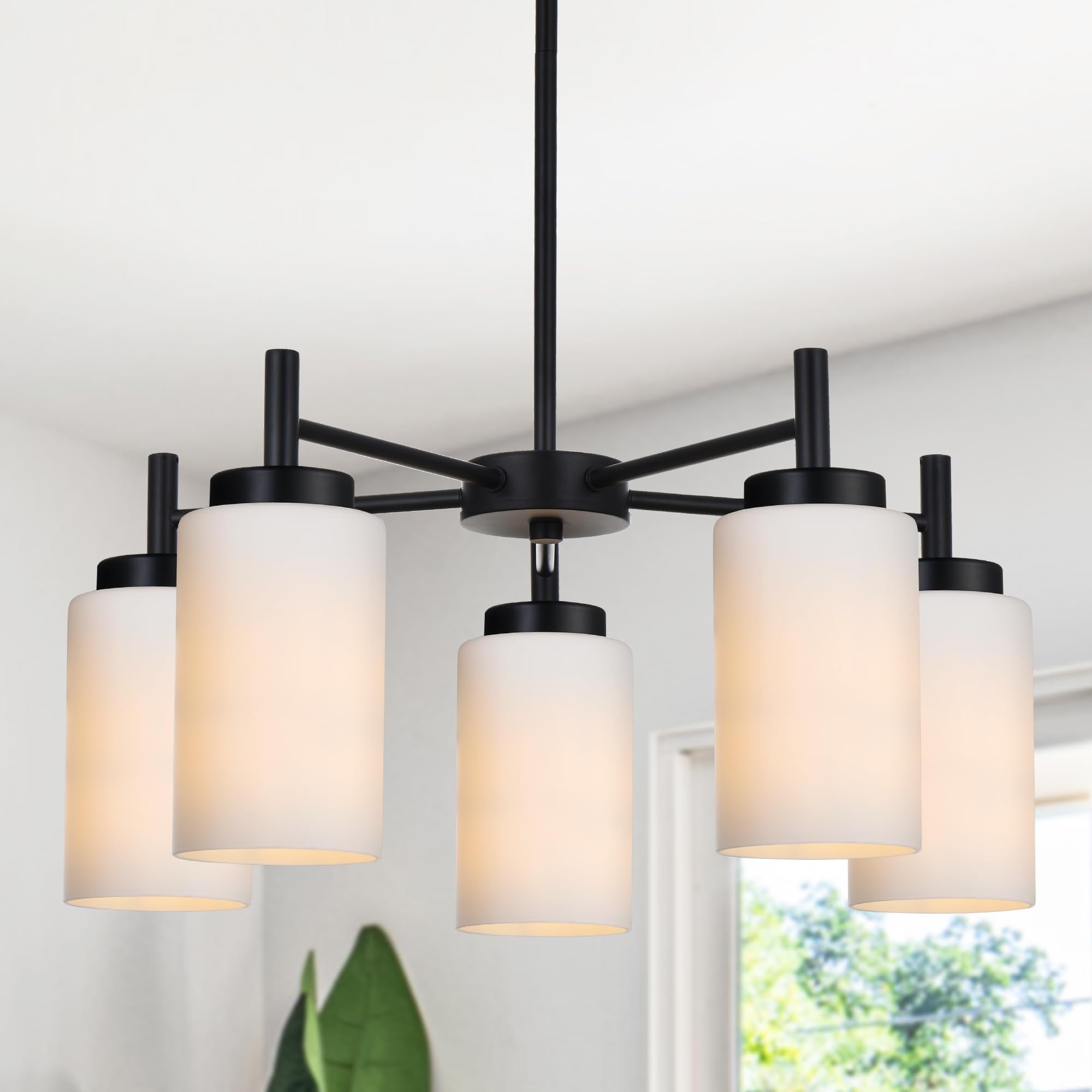 VINLUZ 5 Light Modern Chandeliers Black Finish Pendant Lighting Fixtures with Opal White Glass Shade Rustic Ceiling Hanging Ligh