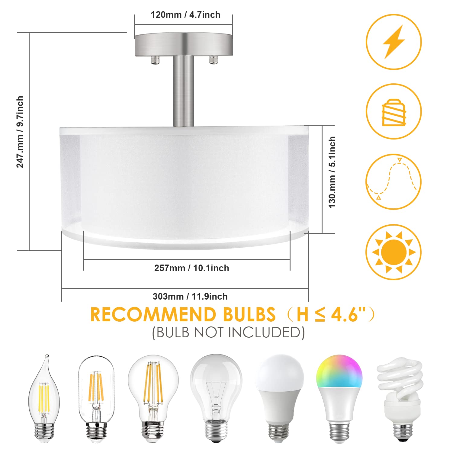 Folksmate 3-Light Semi Flush Mount Ceiling Light Fixture, Modern Drum Design For Dining Room