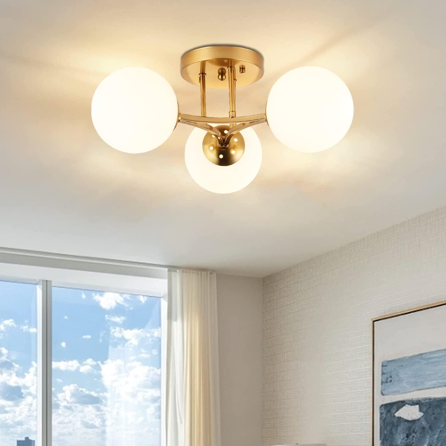 Bagood 3 Lights Globe Mid Century Ceiling Light Modern Semi Flush Mount Ceiling Light Sputnik Light Fixture Chandeliers With Milk Glass Shade Gold Brass Chandeliers For Living Room Dining Room Bedroom