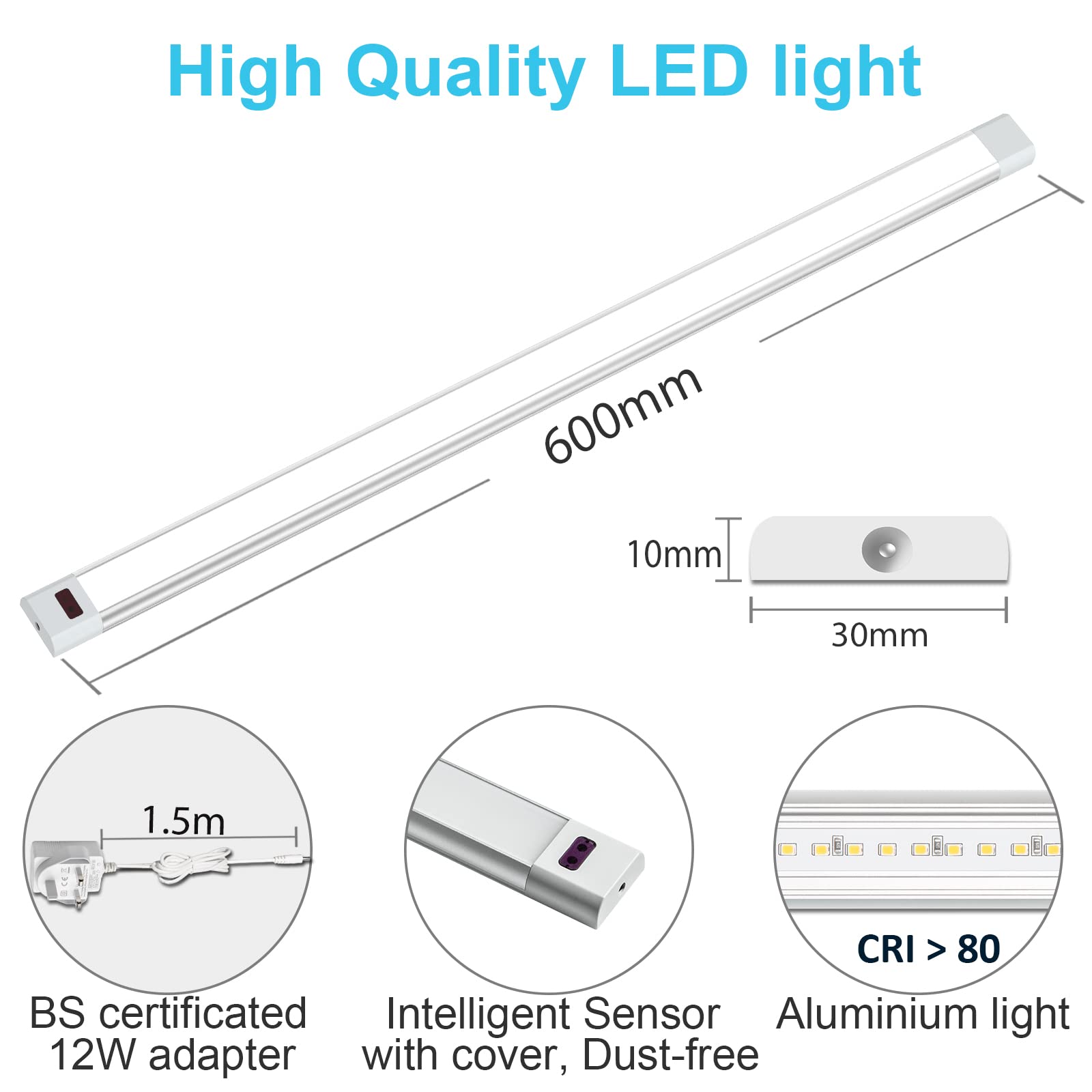 WOBANE Under Counter LED Light Bar, 24 inch Dimmable, Aluminum, Silver & White (6000K), Model CL15-6000