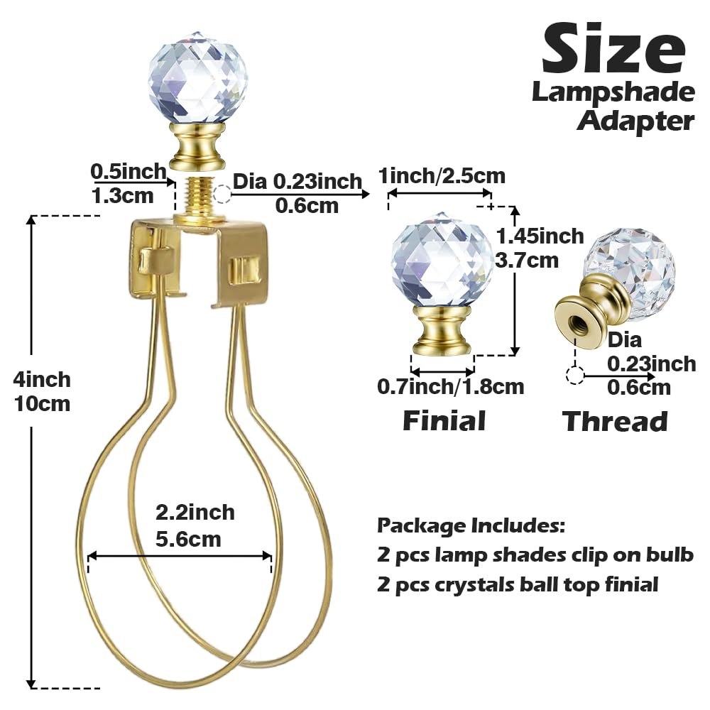 Asjeumt 2Pcs Lamp Shade Light Bulb Clip Adapter Kit, Gold Lampshade Holder Adapter With Crystals Top Finial, No Harp Required, Clip On Bulb, Diy Replacement Repair Table & Floor Light Metal Parts