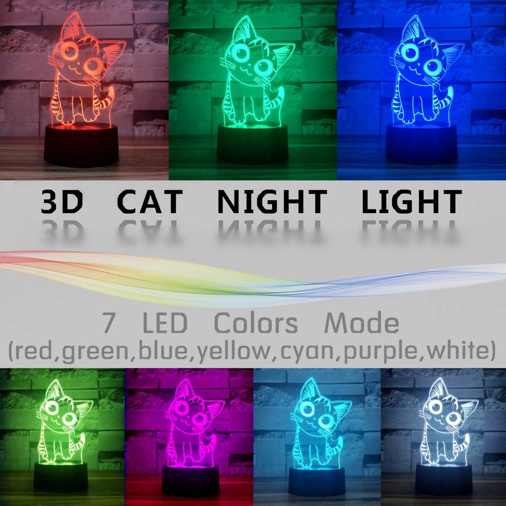 i-CHONY Cat Table Lamp, 3D Illusion Night Light, Auto Color Changing, Plastic, for Kids, Cute Cat Gifts, Red, Blue, Green, Yellow, Purple, Cyan,