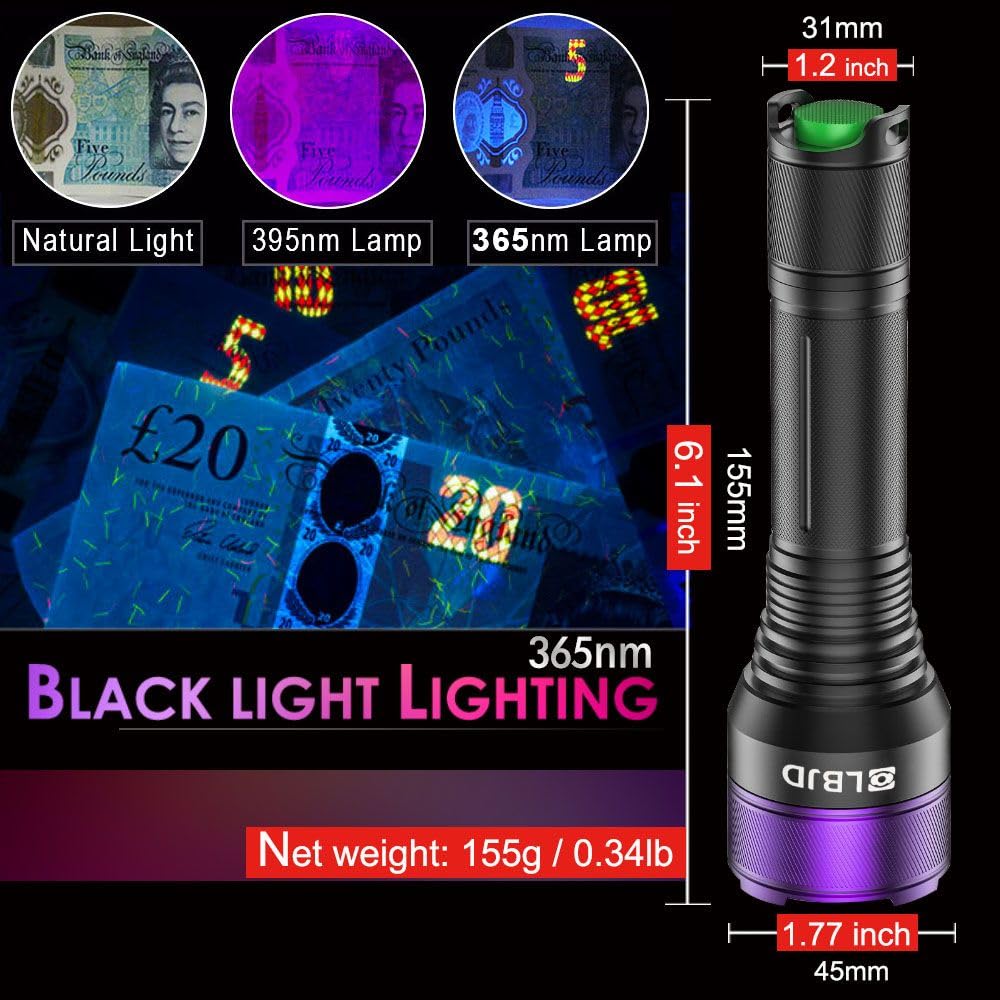 LBJD 365NM UV Blacklight Flashlight, 4-Core LED, Aluminum, Small, Multicolor, Model PUR365NN