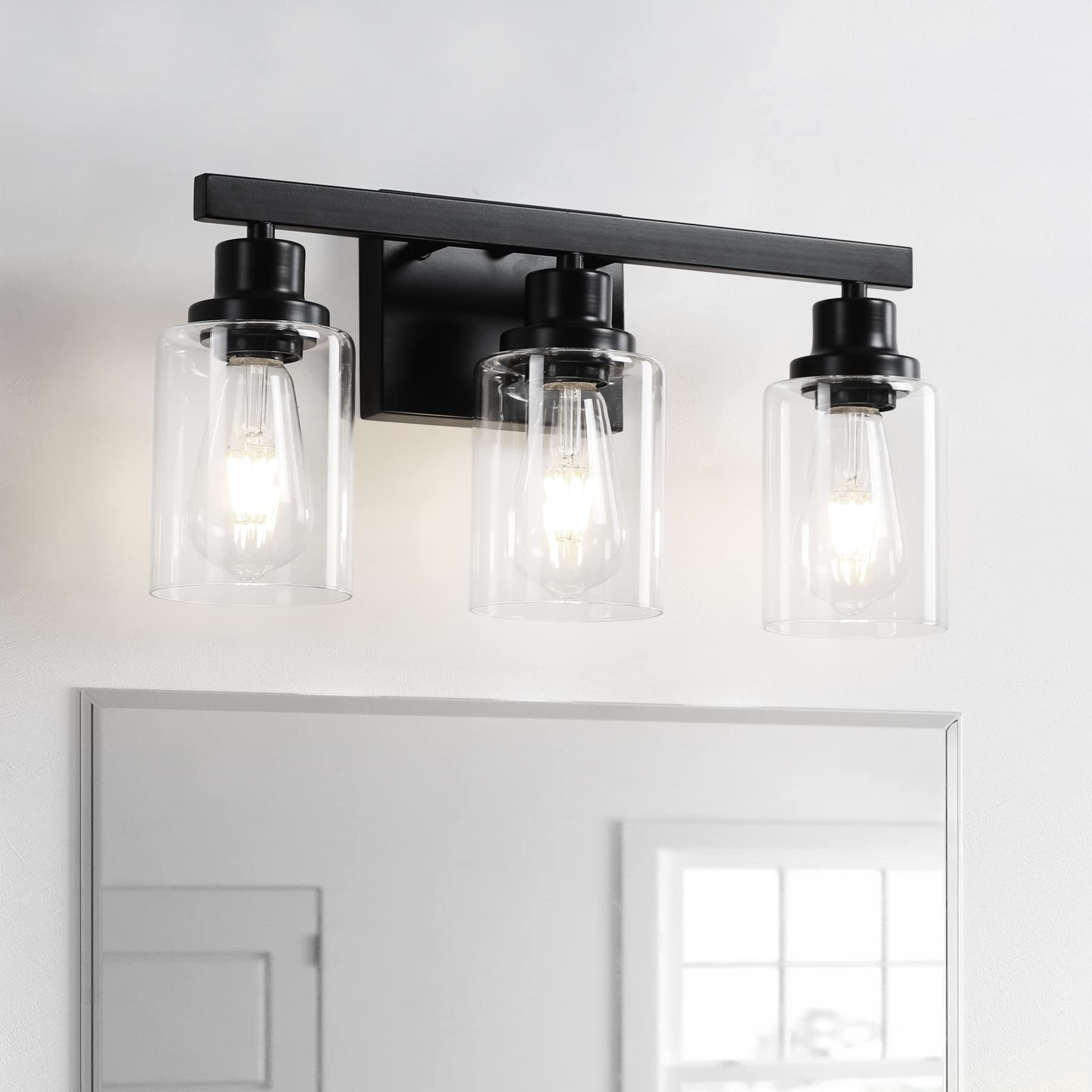Dikaida 3-Light Bathroom Light Fixtures, Black Bathroom Vanity Light With Clear Glass Shade, Modern Bathroom Wall Lights Over Mi