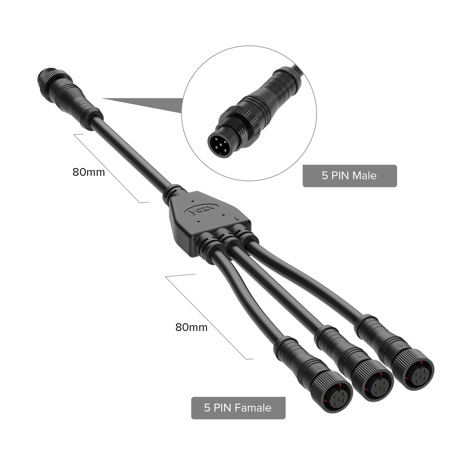 Btf-Lighting 5 Core 5 Pin Small Size Ip68 Y Shape 1 Male-Divided-3 Female Spillter Connctor Black Plastics 22Awg 15Mm Metal Metal Nut Support All Btf-Lighting 5 Pin Small Size Ip68 Connectors