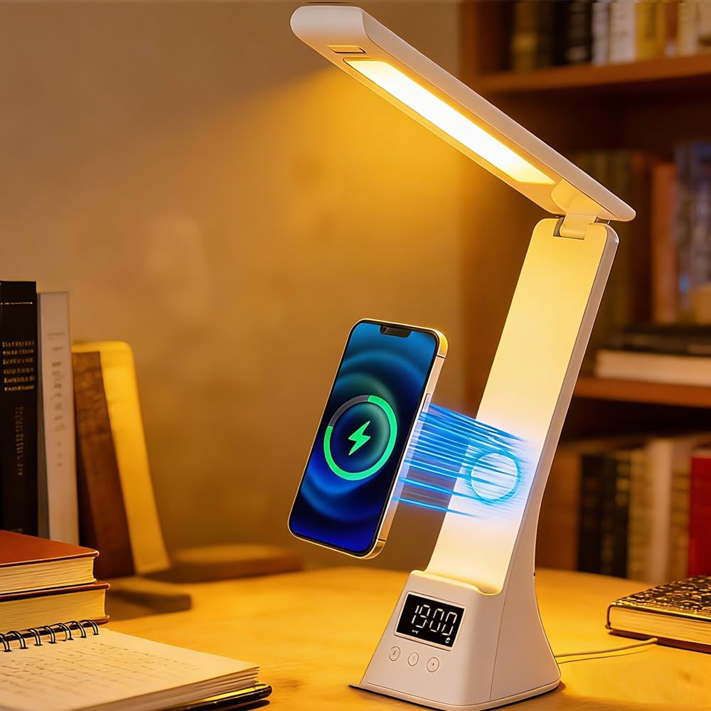 IHAO 3in1 Foldable Eye-Care Desk Lamp with 15W Wireless Charger & Digital Clock Touch Control  3 Color Temperatures  Alarm  180 Foldable  Phone Stand  Modern LED Table Lamp TYV-2088 White