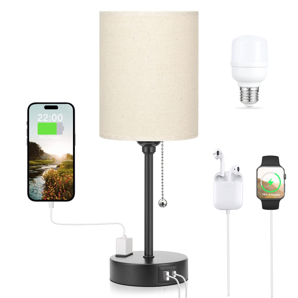 Beige Small Lamps 3 Levels Brightness - 2700K 3500K 5000K Bedside Lamps With Usb C And A Ports, Pull Chain Table Lamps With Ac O