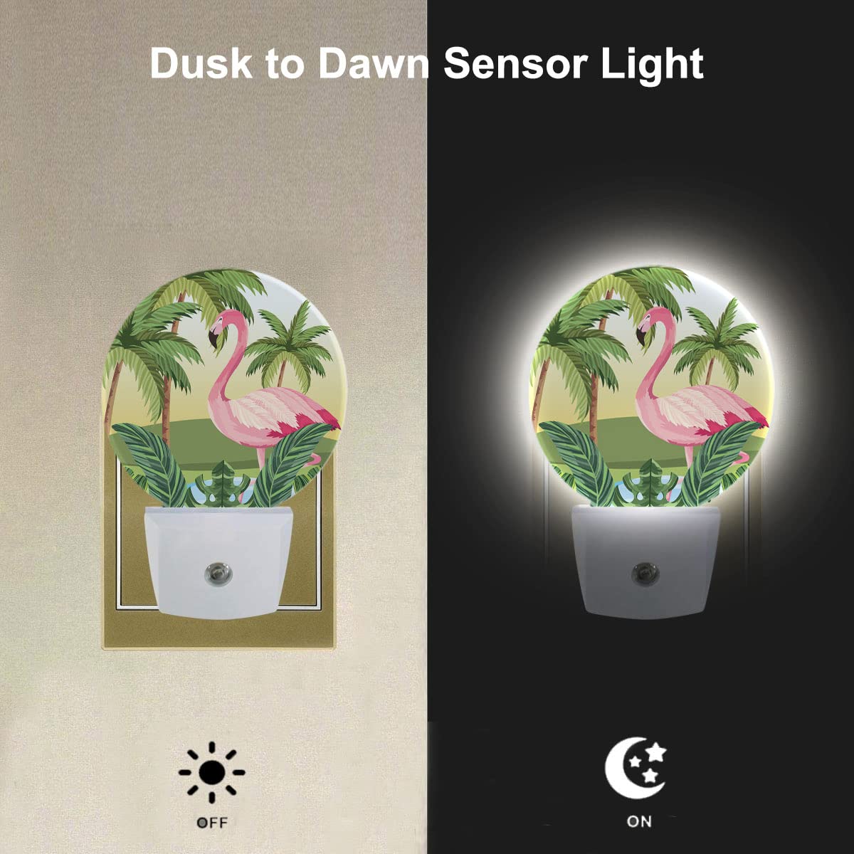 Ekobla Flamingo Night Lights Plug Into Wall Tropical Palm Tree Jungle Green Plant Night Lamp Home Auto Sensor Led Dusk To Dawn L
