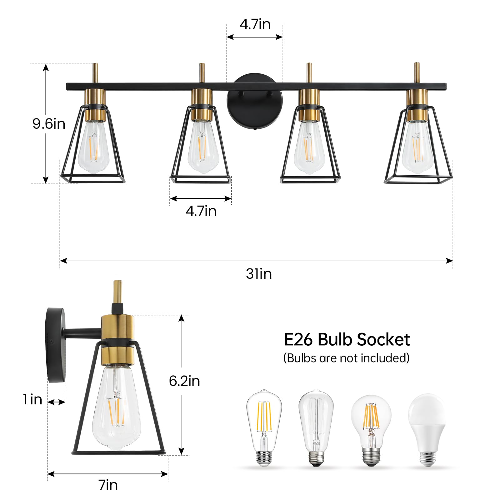 HAHZT Industrial Bathroom Vanity Lights - 4-Light Black & Gold Metal Cage Sconce for Rustic Farmhouse Style