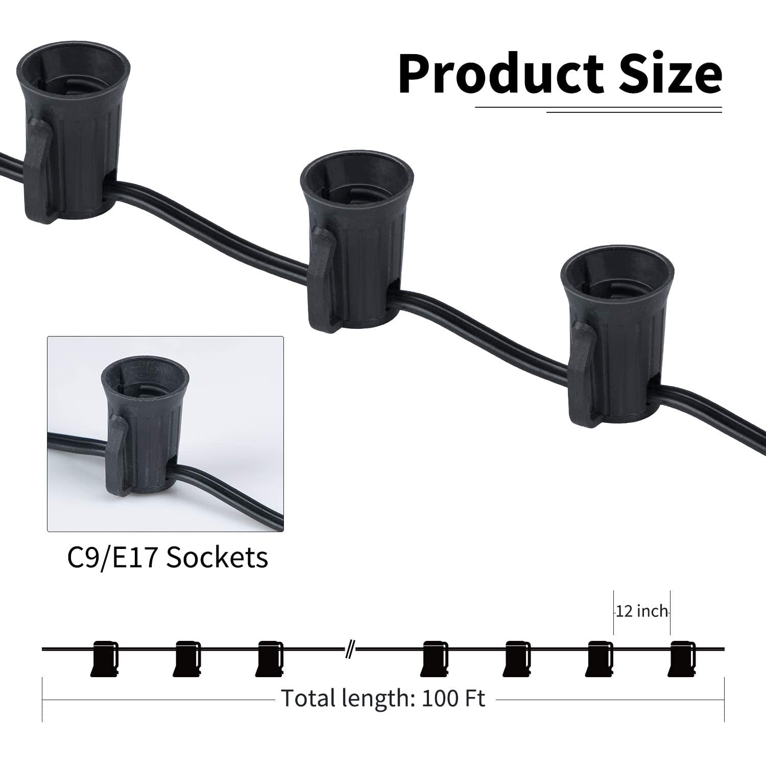 C9 Light String 200 Ft For E17 Socket -12'' Spacing, Outdoor C9 String Christmas Stringer With 100 Sockets 2Pack (Total 200 Ft)