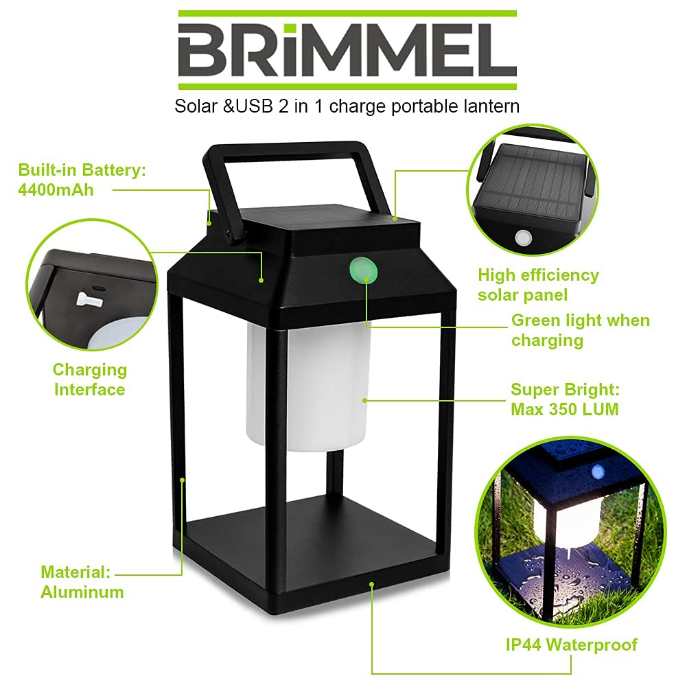 Brimmel Solar Outdoor Lantern Aluminum Led Portable Rechargeable Solar Table Lamp 35W 3000K Outdoor Nightstand Lamp Ip44 Waterpr