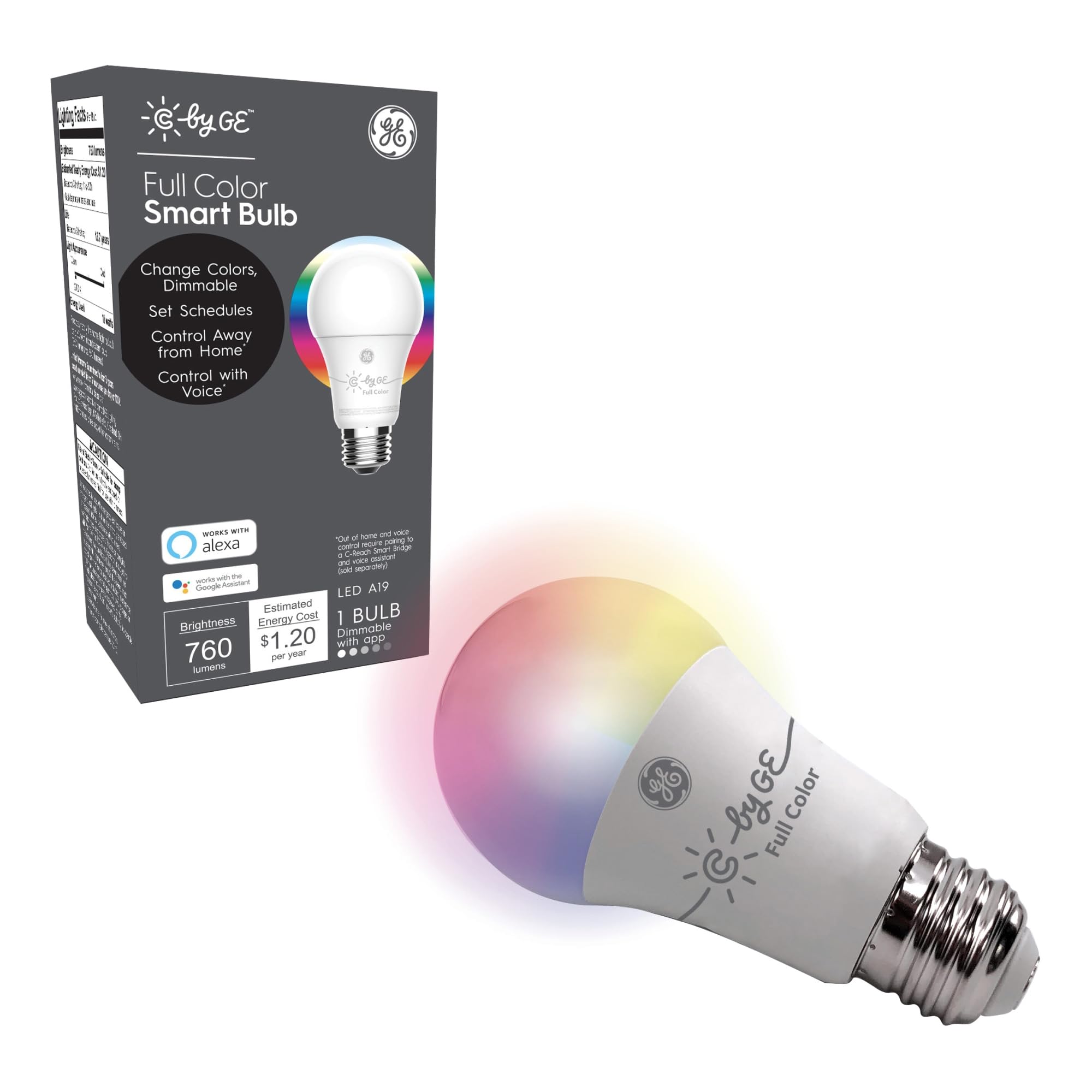 Cync Smart LED Light Bulb, Full Color, Bluetooth, 1 Pack, Compatible with Alexa & Google Home, Model CLEDA1911C2/ST1P