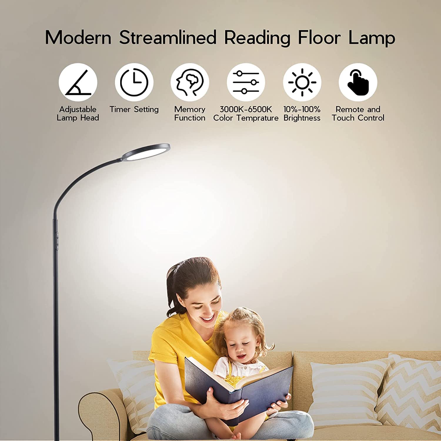Tenmiro LED Floor Lamp - Modern Reading Light, Stepless Color & Brightness Adjust, Touch & RF Remote Control, Orange, Model KS.FF.A1.024W.FC.089