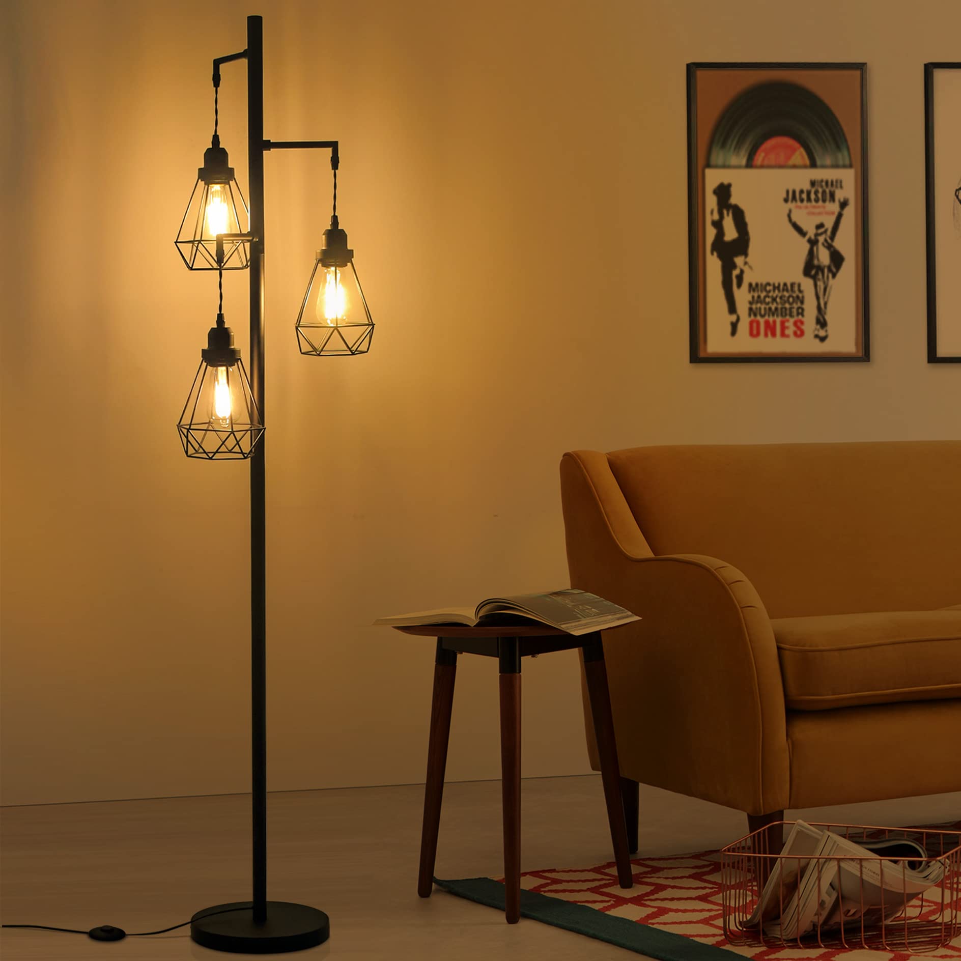 Industrial Floor Lamp for Living Room, Farmhouse Standing Tree Lamp for Bedroom, Rustic Home Decor Tall Lamps with 3 Teardrop Ca