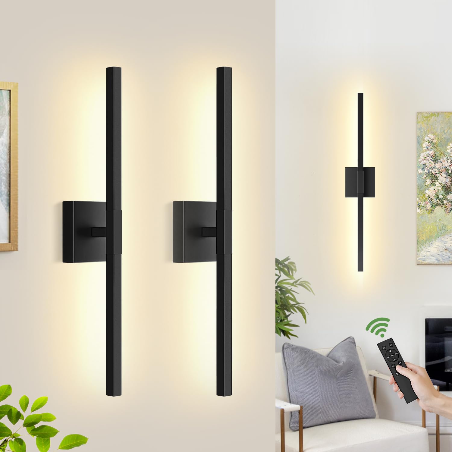Torondo Wall Sconces Set of 2, 26in Matte Black, 360° Rotate, Rechargeable, Dimmable, Touch & Remote Control, Model HJ8029-680